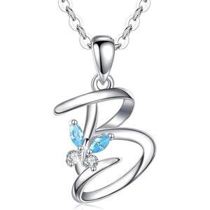 Letter B Silver Butterfly Initial Elegant Necklace 18"